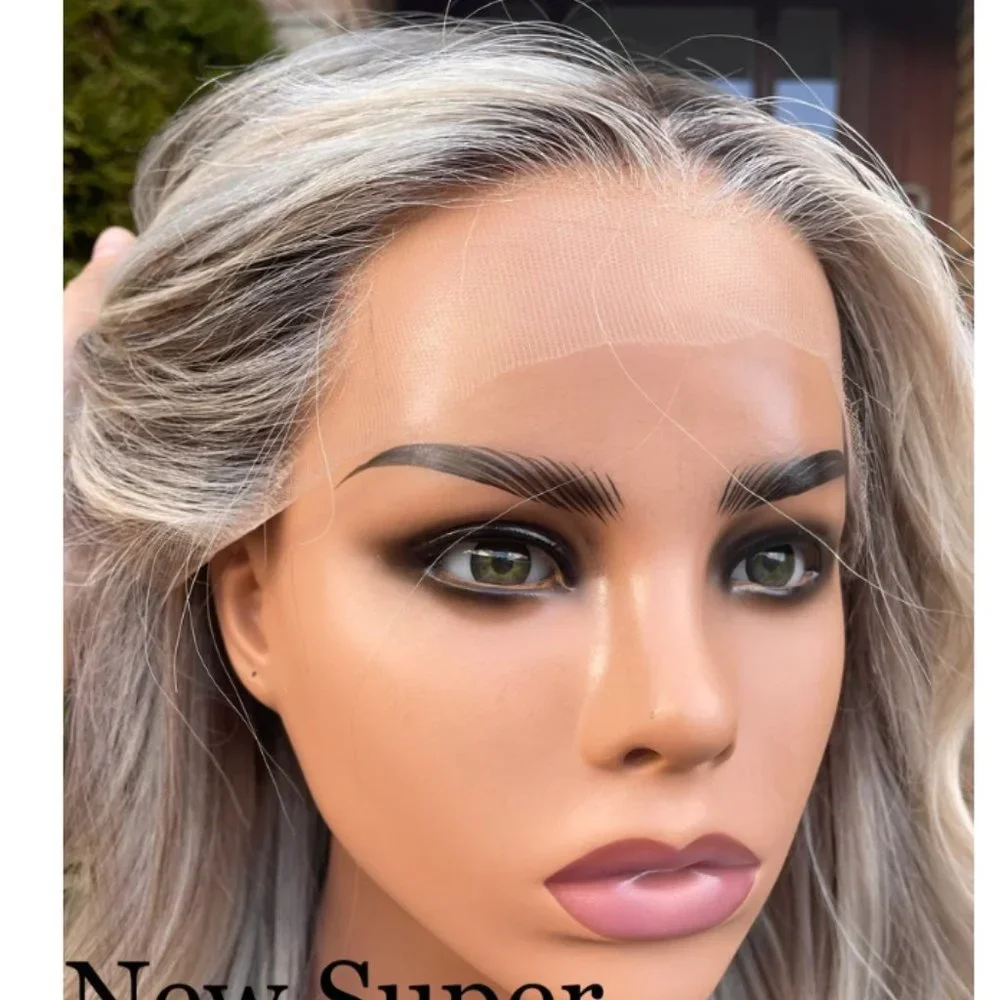 NEW WIG 100% Human Hair Icy Platinum Money Piece & Ashy Blonde Shaded Root